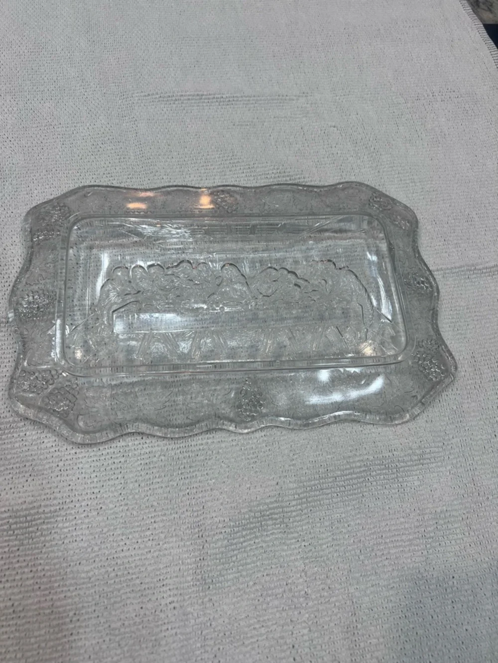 Last Supper Clear Pressed Glass Rectangular Tray with Scalloped Edge